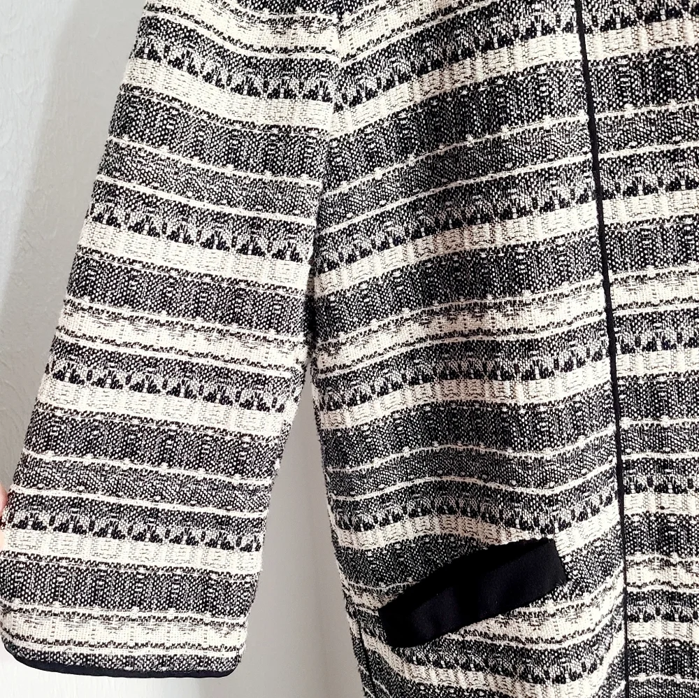 Anne Klein Black,Gray,White Striped Tweed Long Jacket, Black Trim, Size XL - Picture 7 of 12